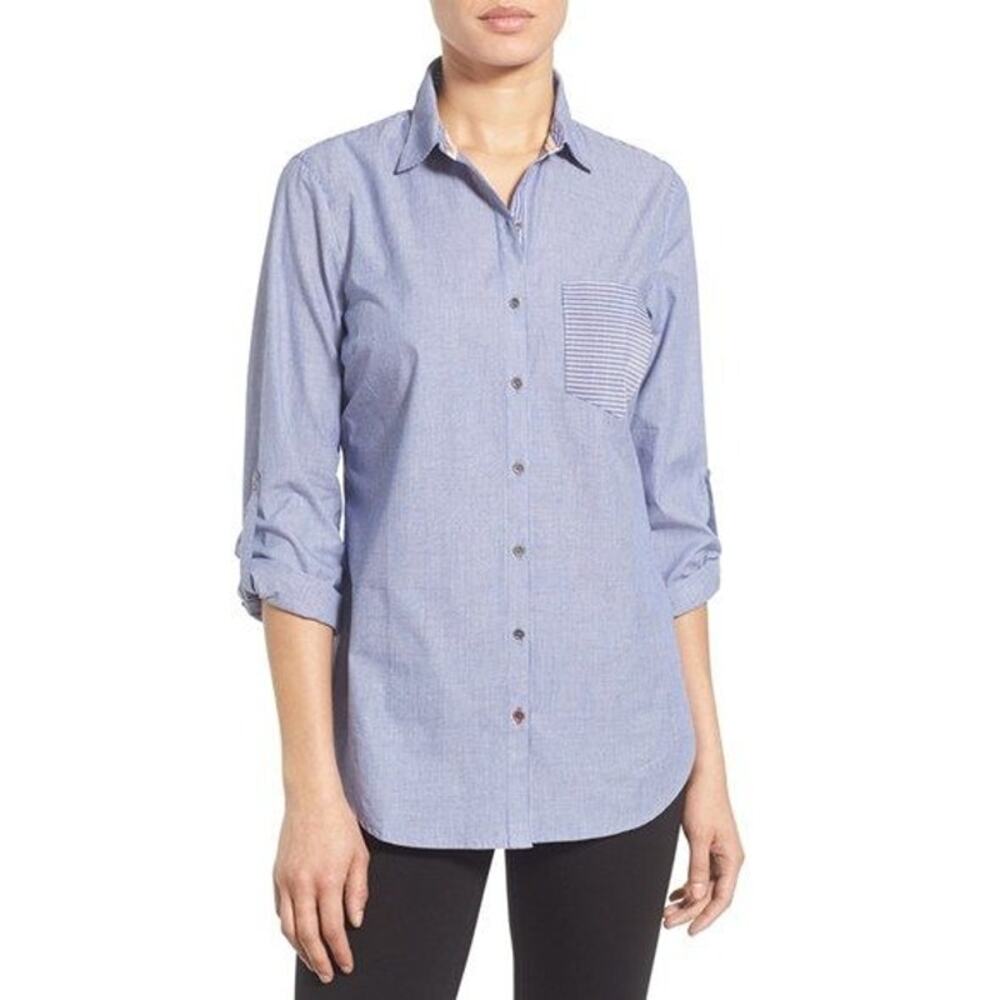 J. Crew Cotton Chambray Long Sleeve Collar Denim Button Down Shirt Pocket S Blue